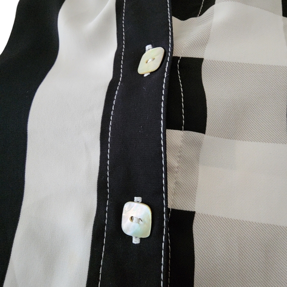 MiRELLE Black & White Contrast Striped & Plaid Ruffle Stand Collar Blouse Size L - Picture 5 of 11